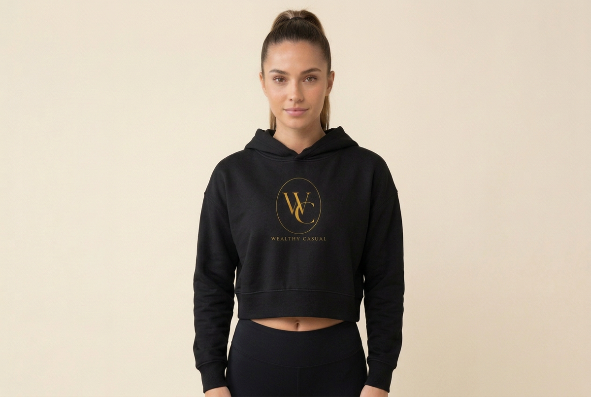 Women’s Black Cropped Hoodie with Gold Logo