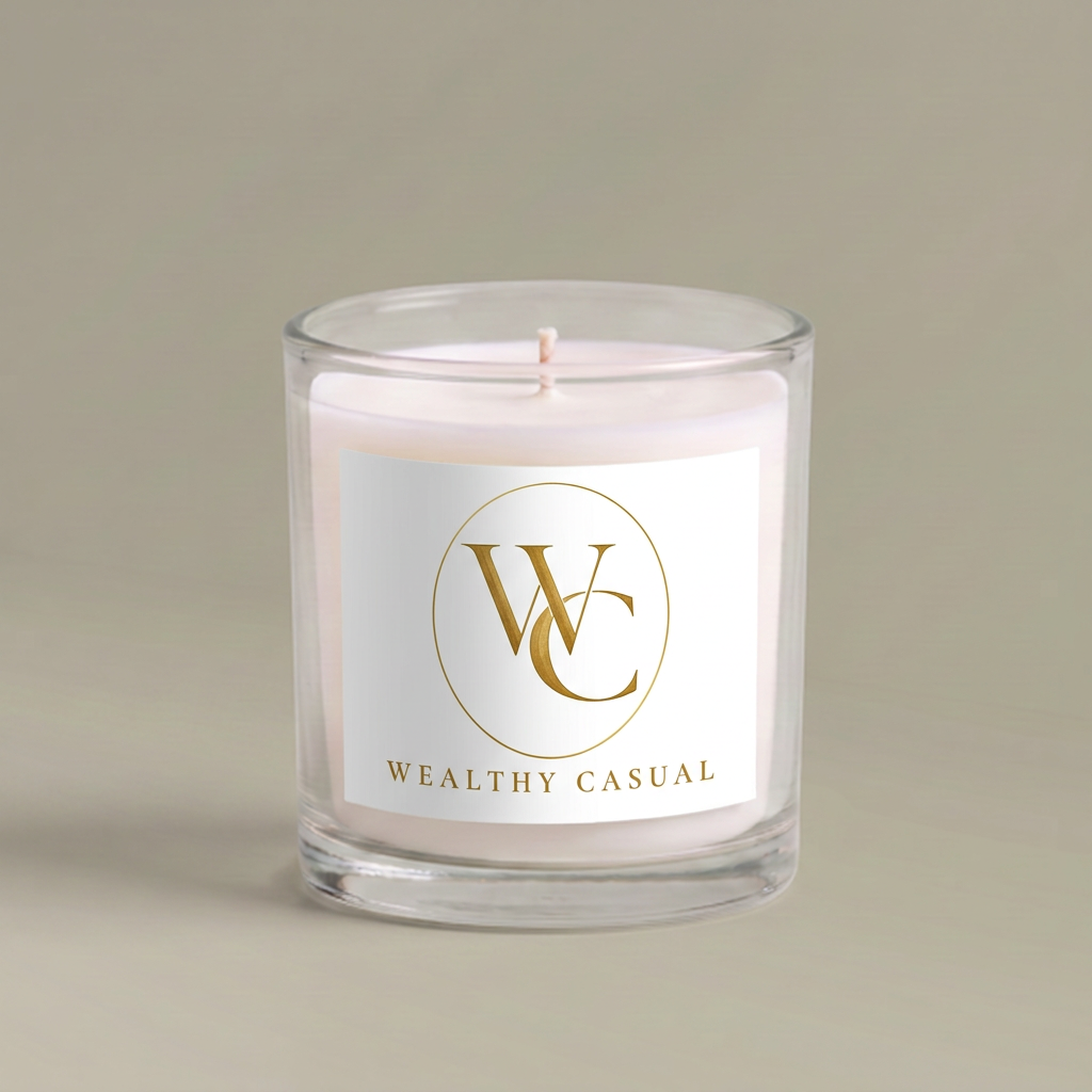 Candle with Wealthy Casual logo on a white label