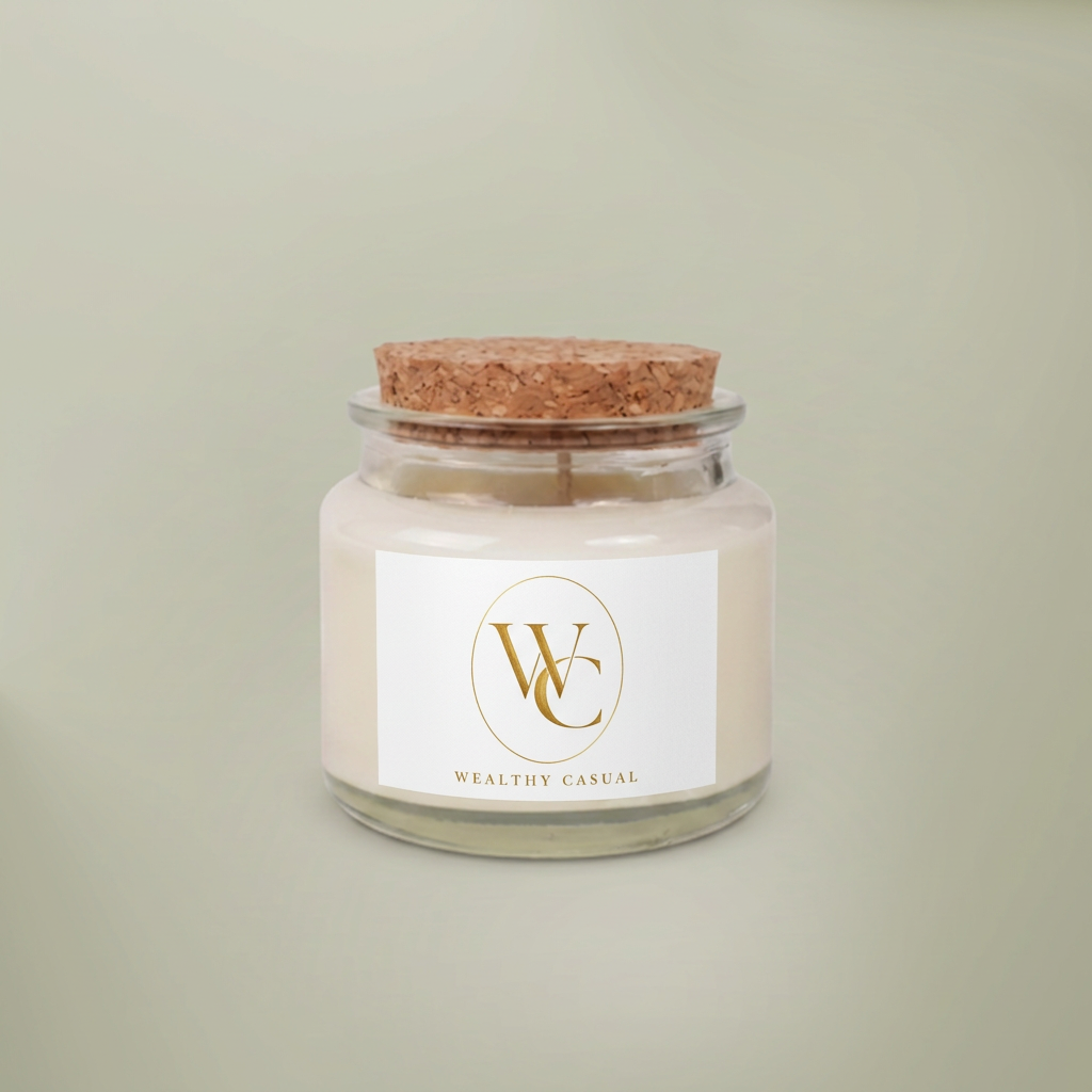 Cork-lid candle with Wealthy Casual logo on a white label