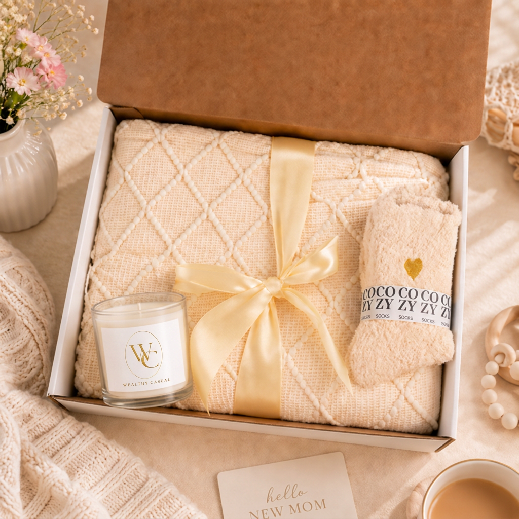 Gift box with Wealthy Casual logo on the candle